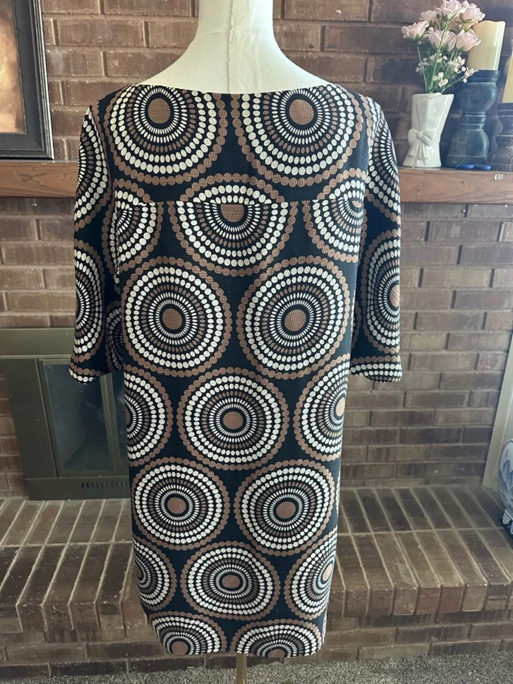 Tory Burch Geometric Circle Silk Shift Dress Size 12 Black Tan White Mod